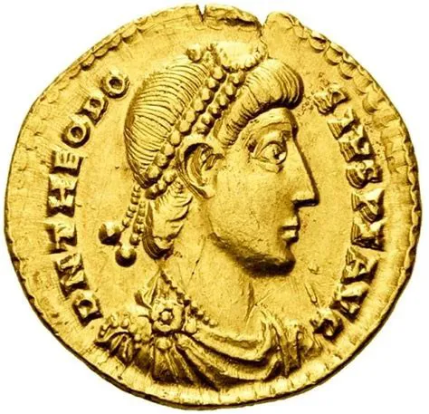 Image of Emperor Theodosius I on a Roman gold solidus.