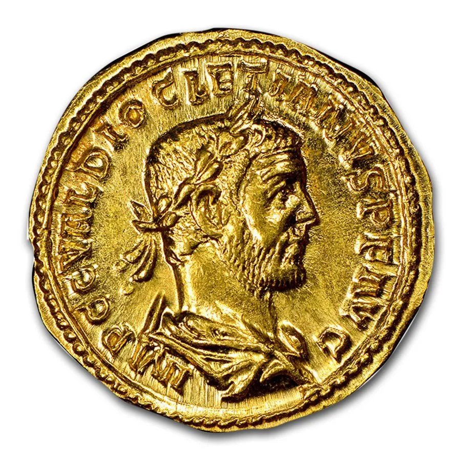 Image of Emperor Diocletian on a gold Roman solidus.